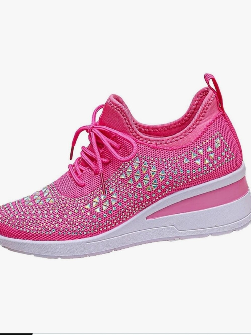 Women’s Hot Pink Knit Lace-Up Platform Rhinestone Sneakers